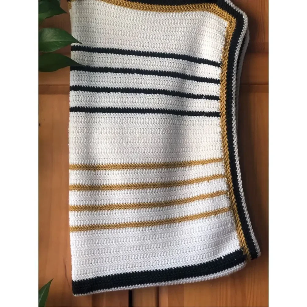 Handmade Crochet Throw Blanket White Navy Mustard Striped 34x58